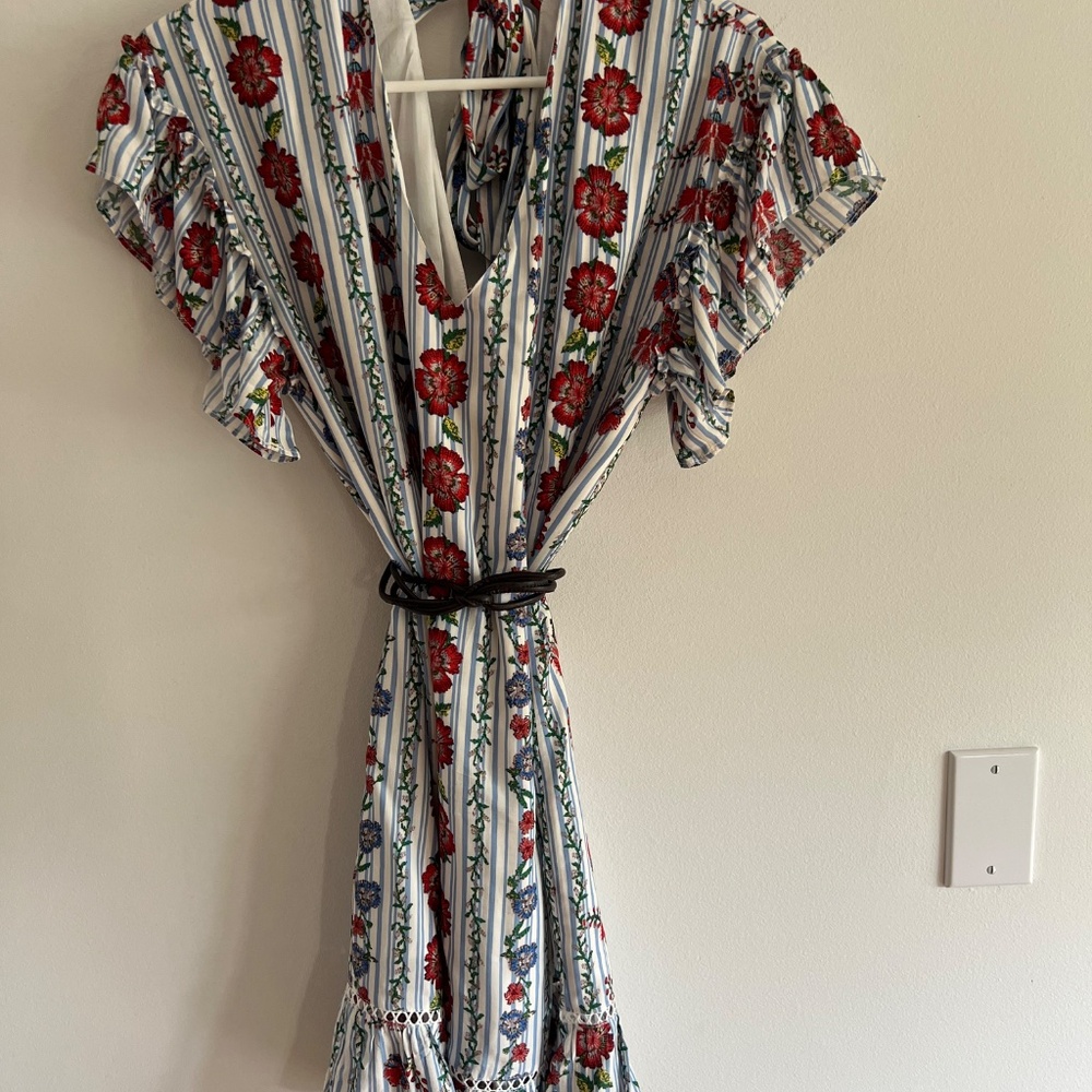 Miss Me Dress - Red & Blue Flowers V Neck Front and Back with Tie.